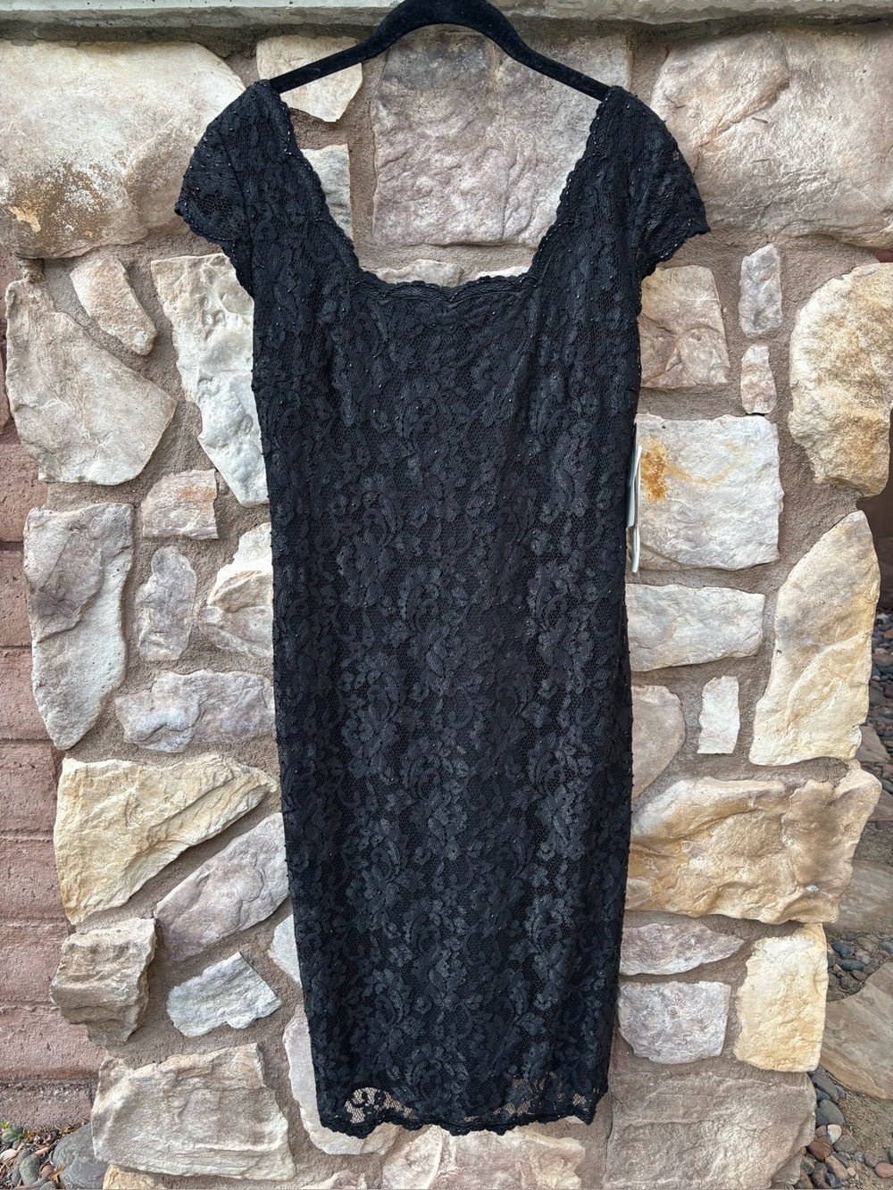 Vintage Basix II Black Lace Beaded Cocktail Dress Sz 8 Cap Sleeve Sheath 90s NWT